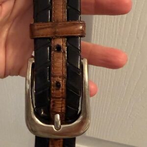 Black and Brown Crocodile & Leather Belt with Silvertone Brass Buckle